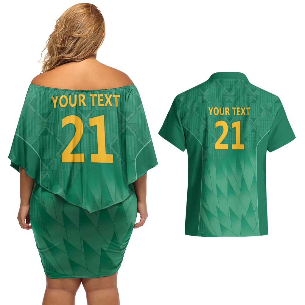 South Africa Cricket Custom Couples Matching Off Shoulder Short Dress and Hawaiian Shirt Proteas Green
