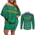 South Africa Cricket Custom Couples Matching Off Shoulder Short Dress and Long Sleeve Button Shirt Proteas Green