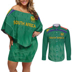 South Africa Cricket Custom Couples Matching Off Shoulder Short Dress and Long Sleeve Button Shirt Proteas Green