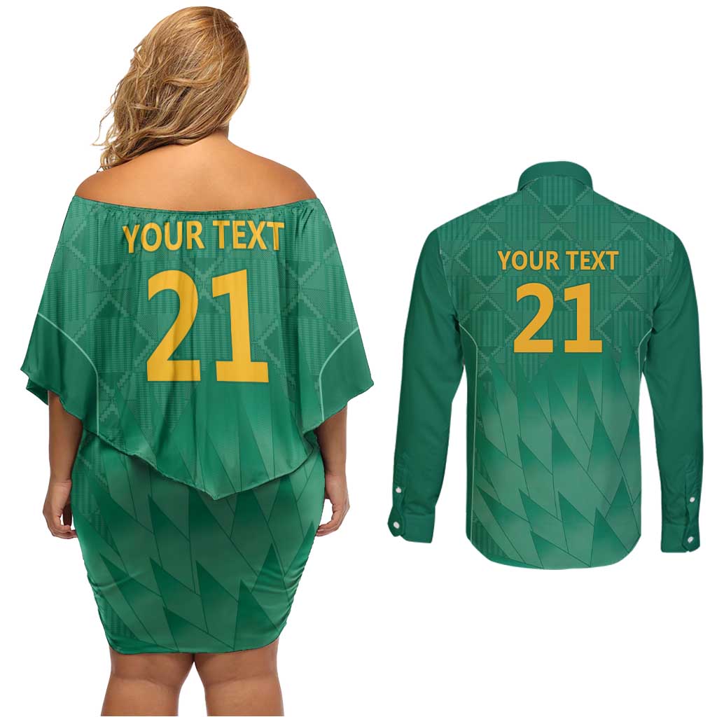South Africa Cricket Custom Couples Matching Off Shoulder Short Dress and Long Sleeve Button Shirt Proteas Green