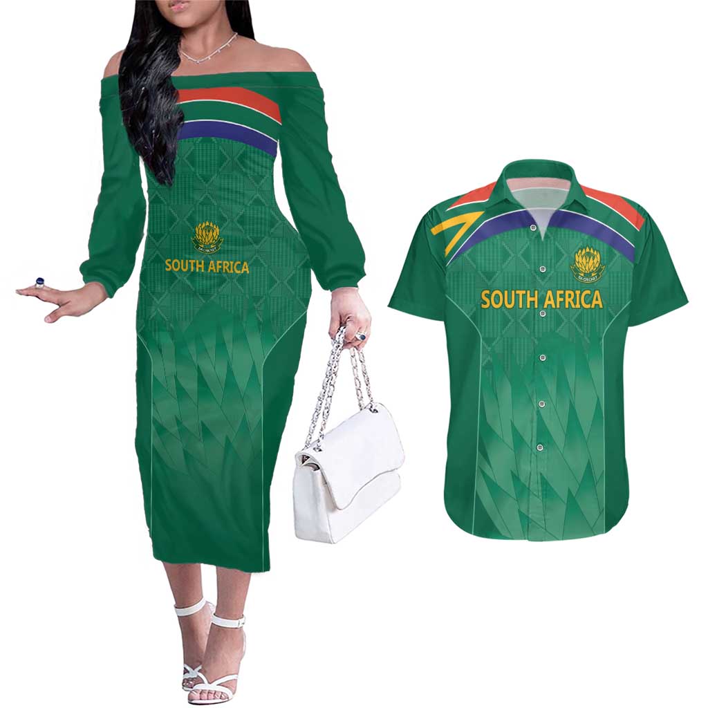 South Africa Cricket Custom Couples Matching Off The Shoulder Long Sleeve Dress and Hawaiian Shirt Proteas Green
