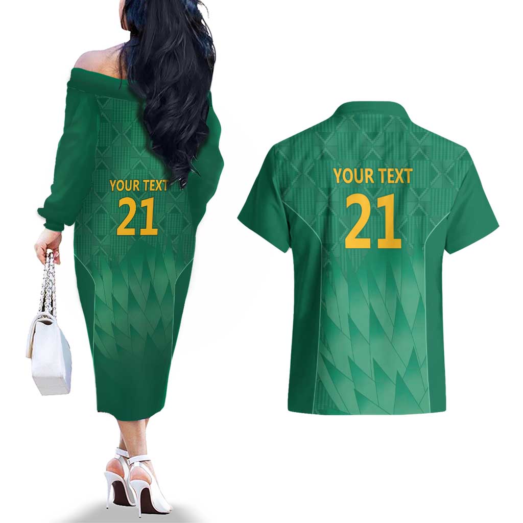 South Africa Cricket Custom Couples Matching Off The Shoulder Long Sleeve Dress and Hawaiian Shirt Proteas Green