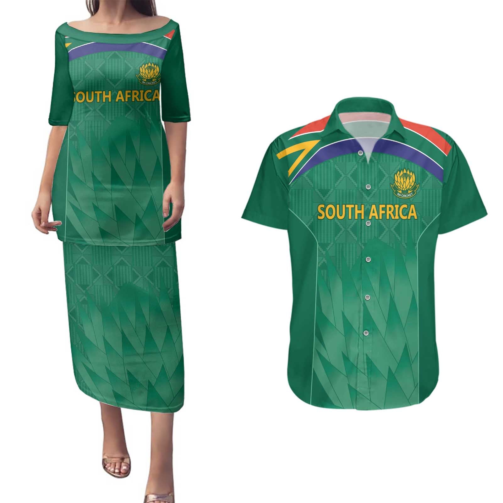 South Africa Cricket Custom Couples Matching Puletasi and Hawaiian Shirt Proteas Green