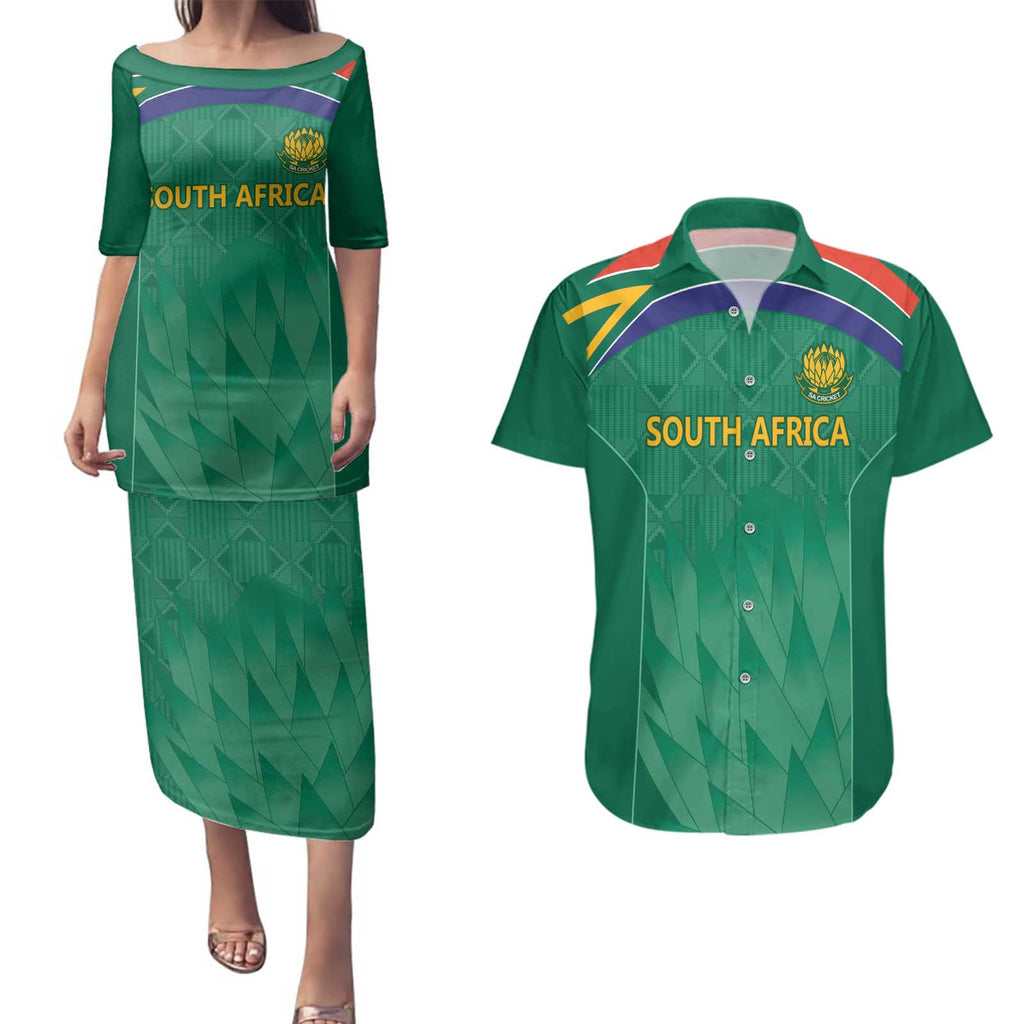 South Africa Cricket Custom Couples Matching Puletasi and Hawaiian Shirt Proteas Green