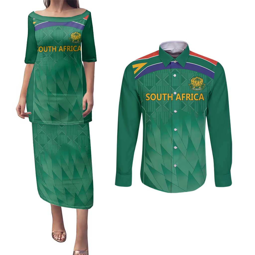 South Africa Cricket Custom Couples Matching Puletasi and Long Sleeve Button Shirt Proteas Green