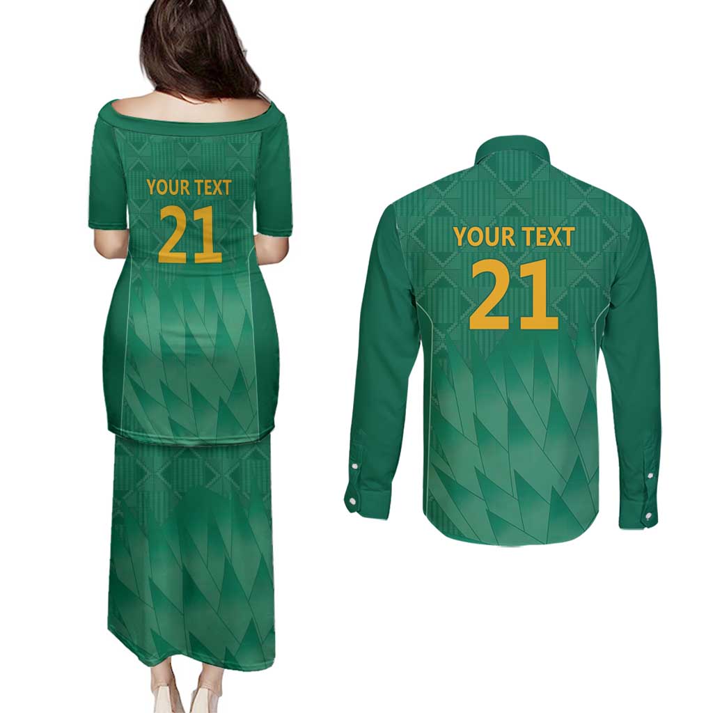 South Africa Cricket Custom Couples Matching Puletasi and Long Sleeve Button Shirt Proteas Green