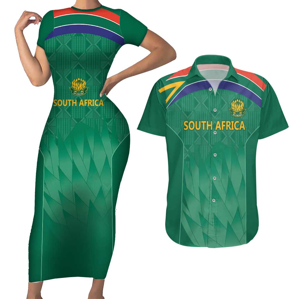 South Africa Cricket Custom Couples Matching Short Sleeve Bodycon Dress and Hawaiian Shirt Proteas Green