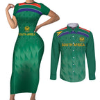 South Africa Cricket Custom Couples Matching Short Sleeve Bodycon Dress and Long Sleeve Button Shirt Proteas Green