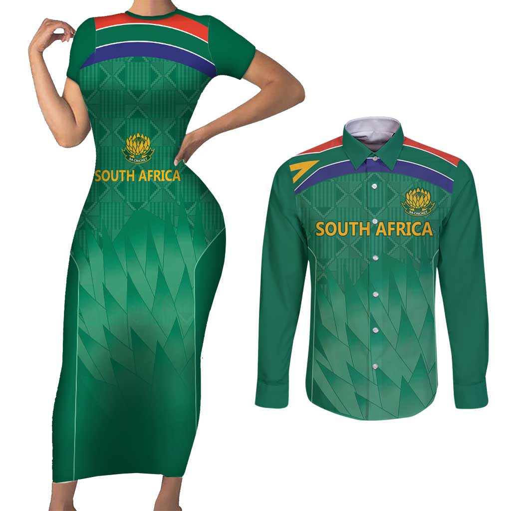 South Africa Cricket Custom Couples Matching Short Sleeve Bodycon Dress and Long Sleeve Button Shirt Proteas Green
