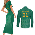 South Africa Cricket Custom Couples Matching Short Sleeve Bodycon Dress and Long Sleeve Button Shirt Proteas Green