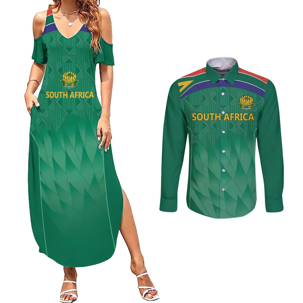 South Africa Cricket Custom Couples Matching Summer Maxi Dress and Long Sleeve Button Shirt Proteas Green