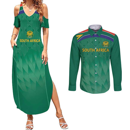 South Africa Cricket Custom Couples Matching Summer Maxi Dress and Long Sleeve Button Shirt Proteas Green