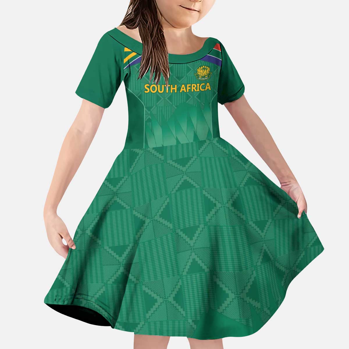 South Africa Cricket Custom Kid Short Sleeve Dress Proteas Green