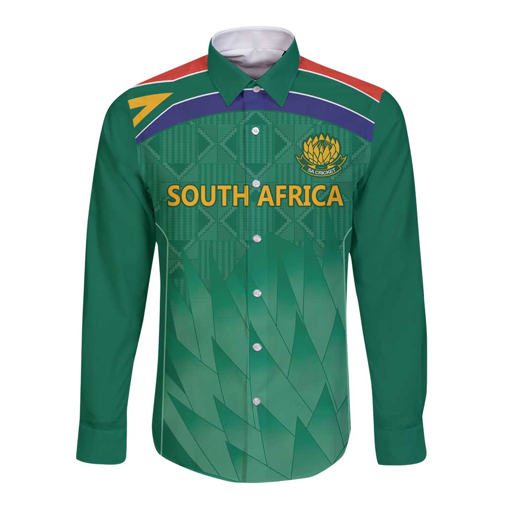South Africa Cricket Custom Long Sleeve Button Shirt Proteas Green