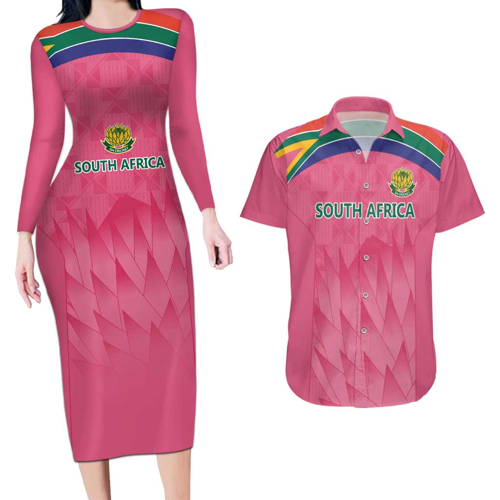 South Africa Cricket Custom Couples Matching Long Sleeve Bodycon Dress and Hawaiian Shirt Proteas Pink
