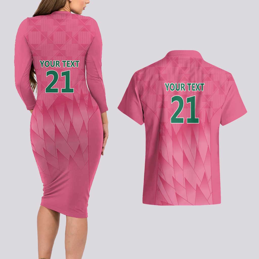 South Africa Cricket Custom Couples Matching Long Sleeve Bodycon Dress and Hawaiian Shirt Proteas Pink