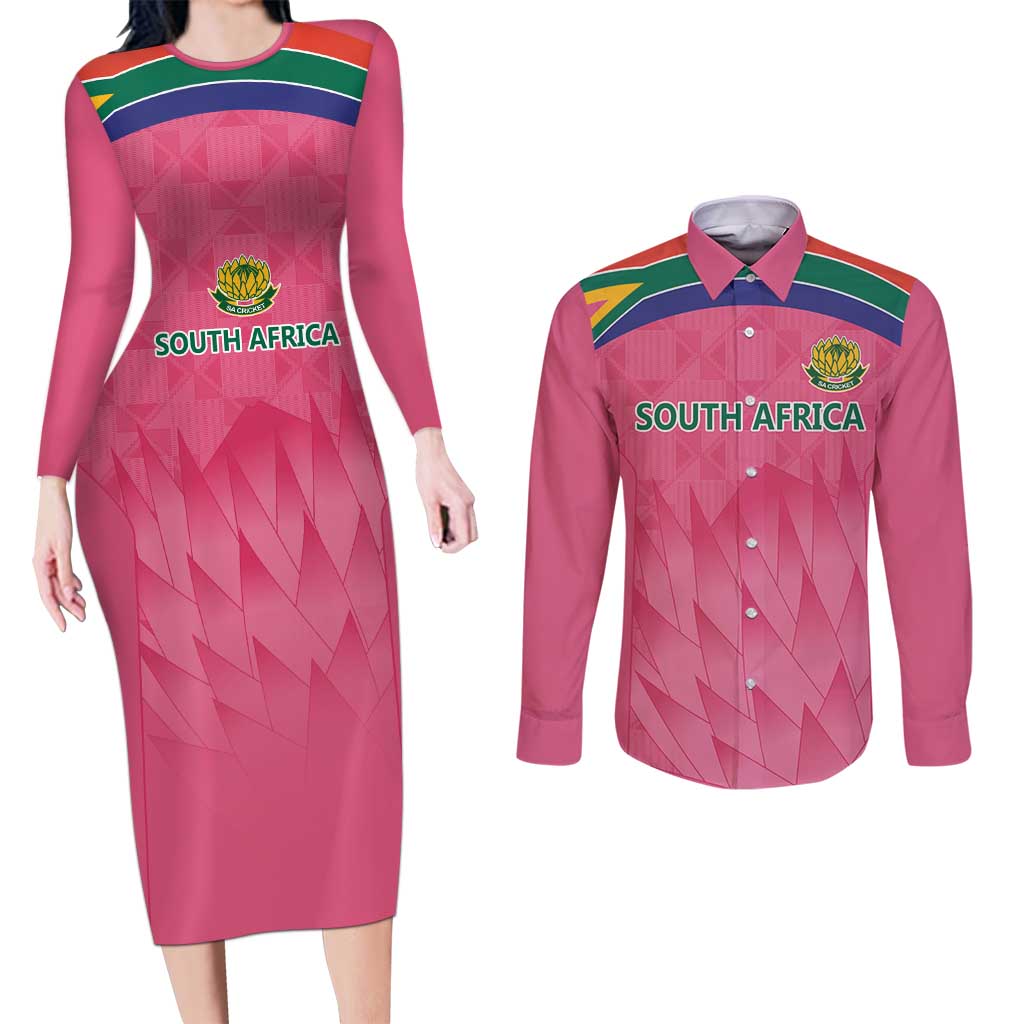 South Africa Cricket Custom Couples Matching Long Sleeve Bodycon Dress and Long Sleeve Button Shirt Proteas Pink