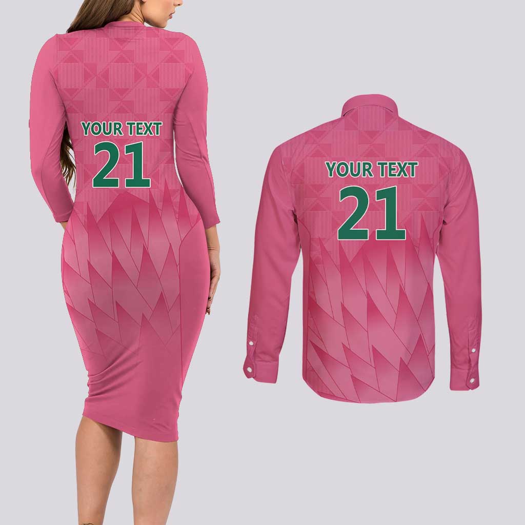 South Africa Cricket Custom Couples Matching Long Sleeve Bodycon Dress and Long Sleeve Button Shirt Proteas Pink