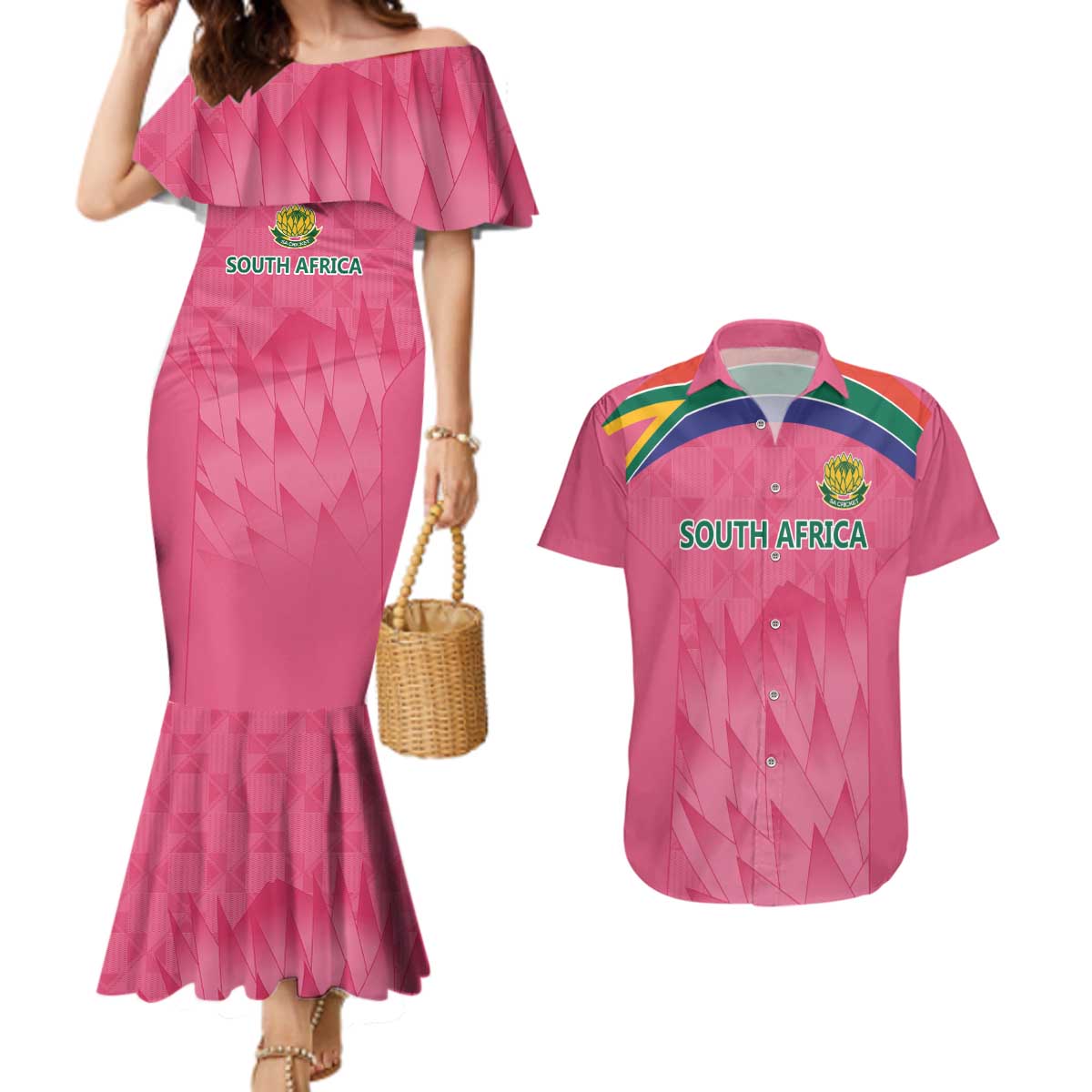 South Africa Cricket Custom Couples Matching Mermaid Dress and Hawaiian Shirt Proteas Pink