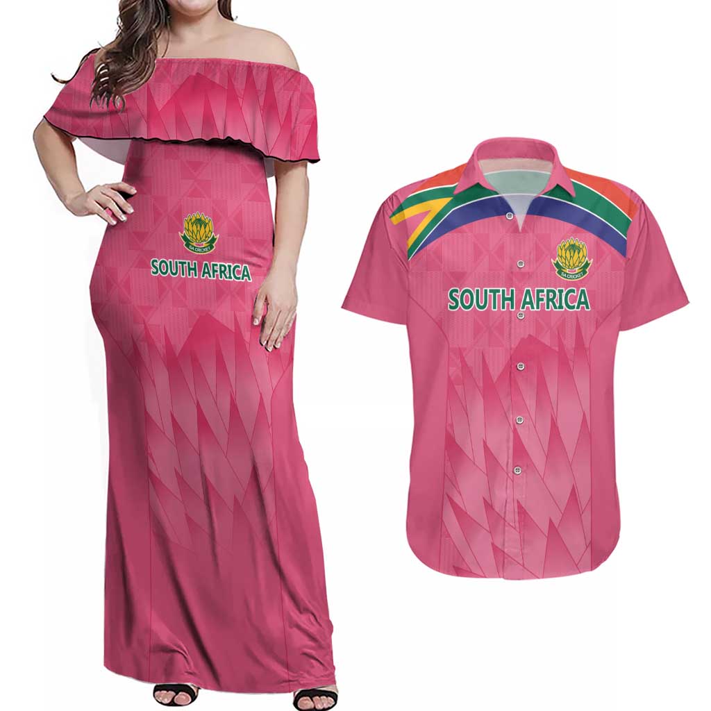 South Africa Cricket Custom Couples Matching Off Shoulder Maxi Dress and Hawaiian Shirt Proteas Pink