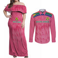 South Africa Cricket Custom Couples Matching Off Shoulder Maxi Dress and Long Sleeve Button Shirt Proteas Pink