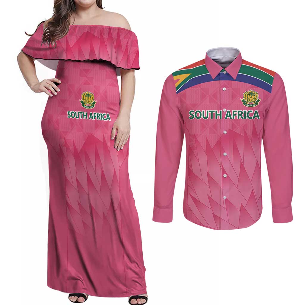 South Africa Cricket Custom Couples Matching Off Shoulder Maxi Dress and Long Sleeve Button Shirt Proteas Pink