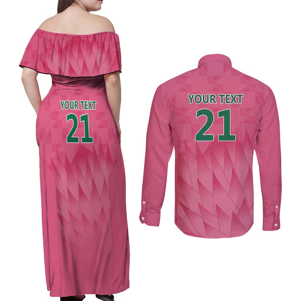 South Africa Cricket Custom Couples Matching Off Shoulder Maxi Dress and Long Sleeve Button Shirt Proteas Pink