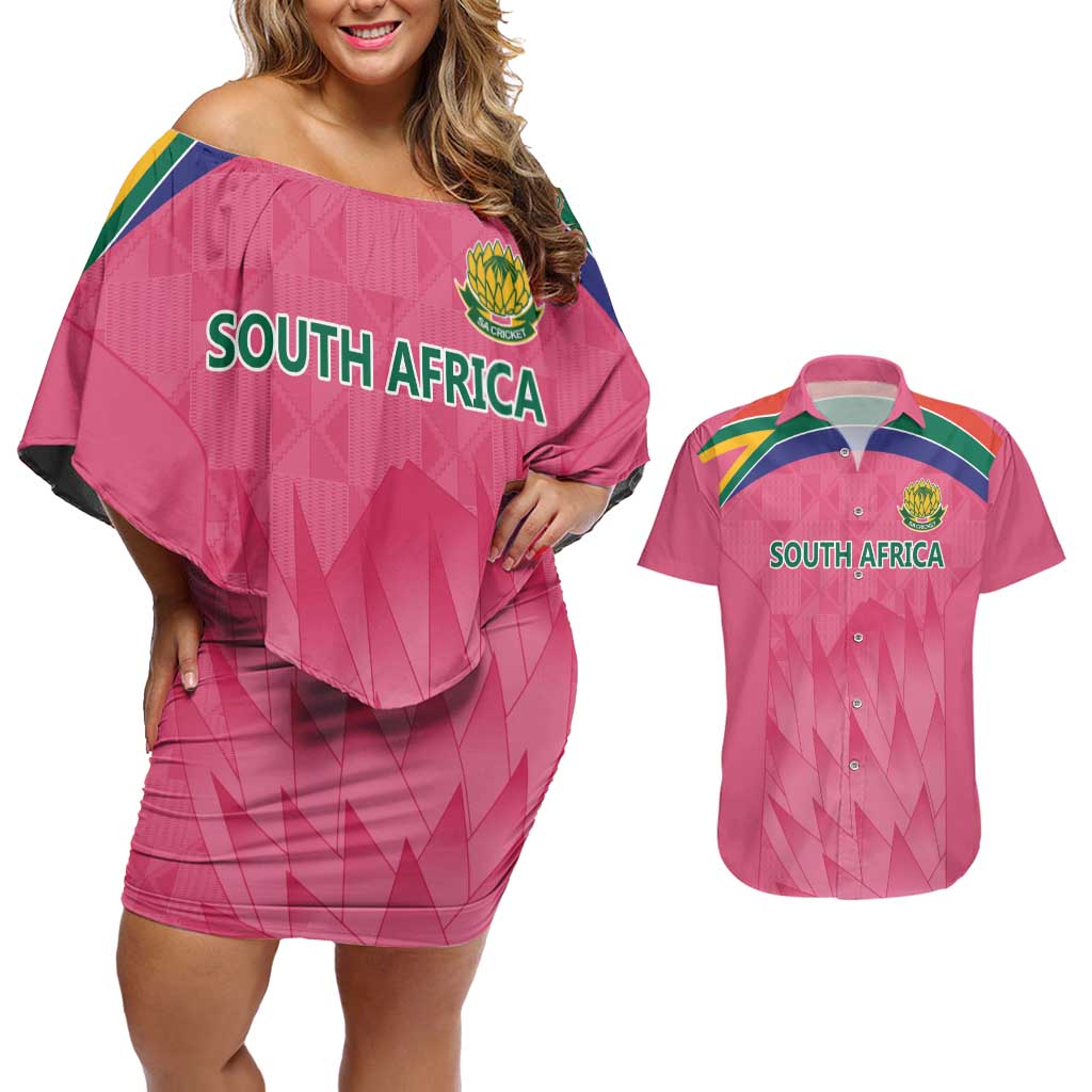 South Africa Cricket Custom Couples Matching Off Shoulder Short Dress and Hawaiian Shirt Proteas Pink