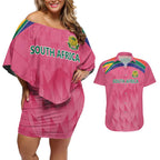 South Africa Cricket Custom Couples Matching Off Shoulder Short Dress and Hawaiian Shirt Proteas Pink