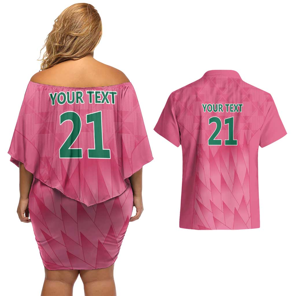 South Africa Cricket Custom Couples Matching Off Shoulder Short Dress and Hawaiian Shirt Proteas Pink