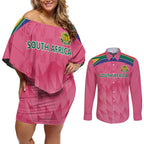 South Africa Cricket Custom Couples Matching Off Shoulder Short Dress and Long Sleeve Button Shirt Proteas Pink