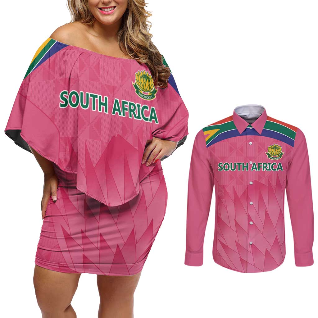 South Africa Cricket Custom Couples Matching Off Shoulder Short Dress and Long Sleeve Button Shirt Proteas Pink