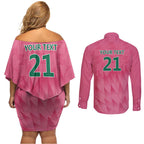 South Africa Cricket Custom Couples Matching Off Shoulder Short Dress and Long Sleeve Button Shirt Proteas Pink