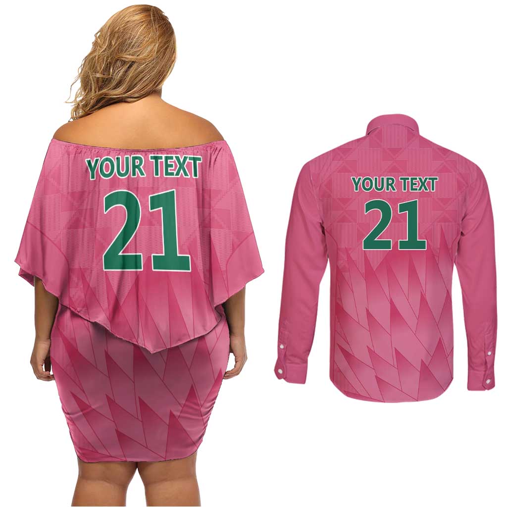 South Africa Cricket Custom Couples Matching Off Shoulder Short Dress and Long Sleeve Button Shirt Proteas Pink