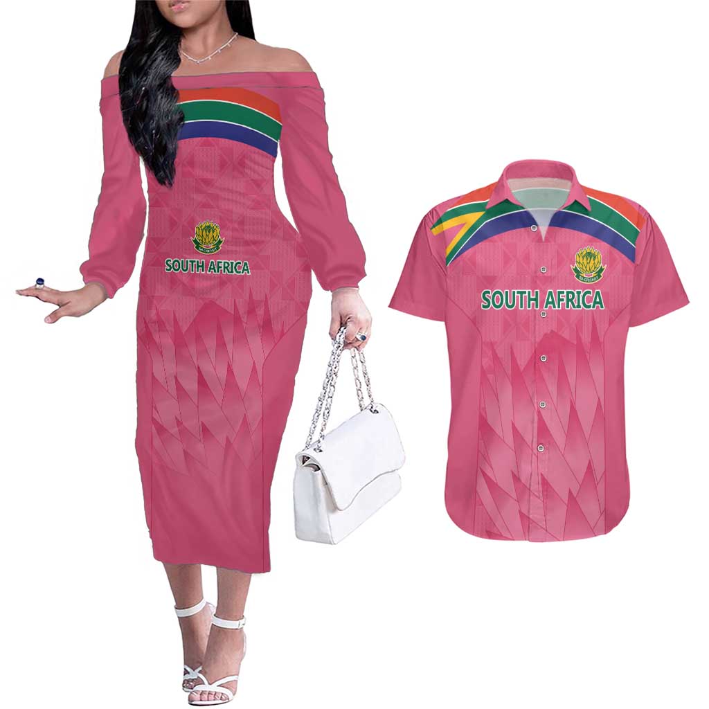 South Africa Cricket Custom Couples Matching Off The Shoulder Long Sleeve Dress and Hawaiian Shirt Proteas Pink