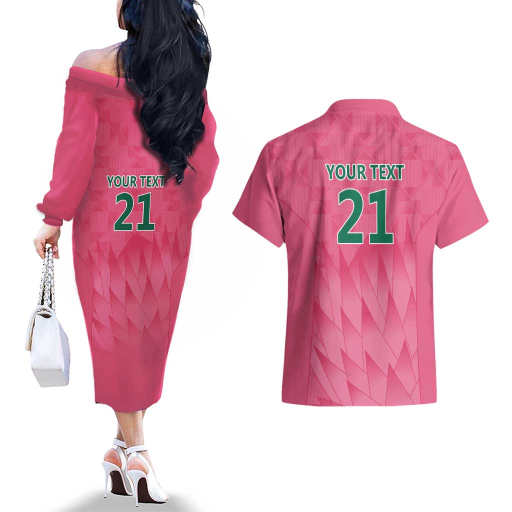 South Africa Cricket Custom Couples Matching Off The Shoulder Long Sleeve Dress and Hawaiian Shirt Proteas Pink