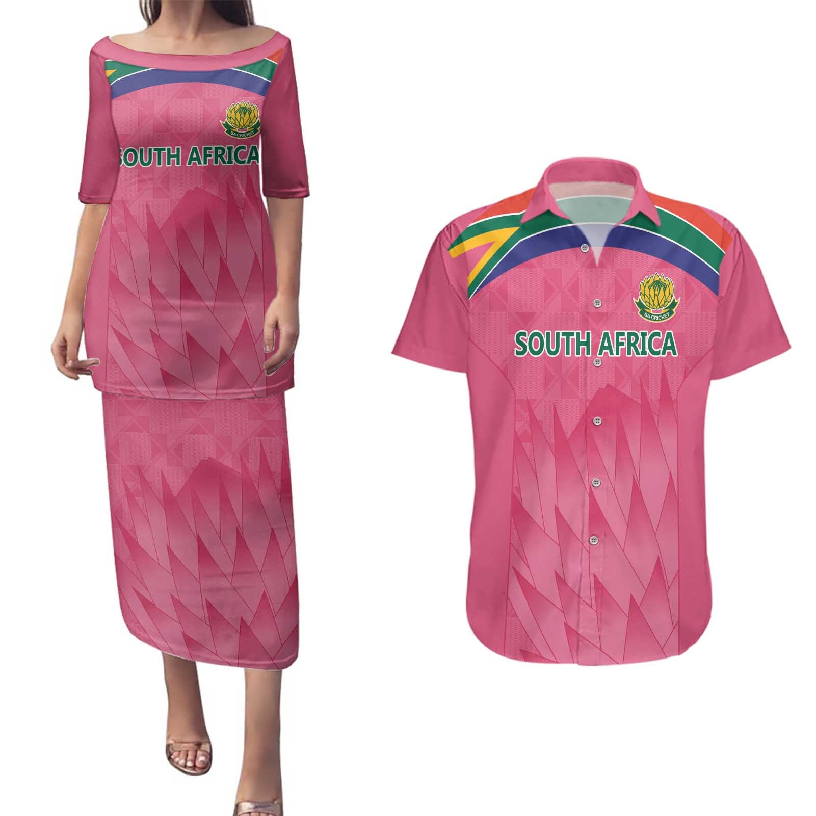 South Africa Cricket Custom Couples Matching Puletasi and Hawaiian Shirt Proteas Pink