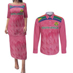 South Africa Cricket Custom Couples Matching Puletasi and Long Sleeve Button Shirt Proteas Pink