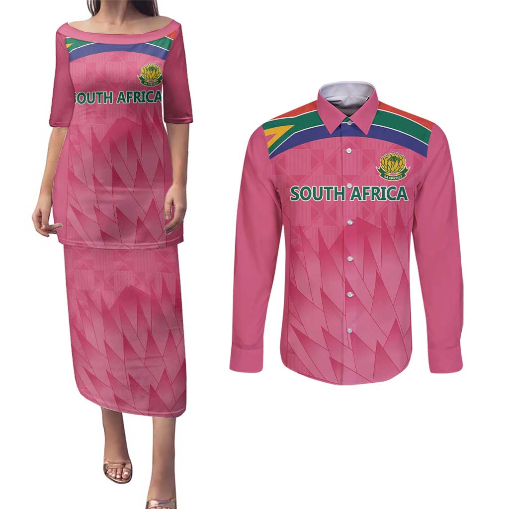 South Africa Cricket Custom Couples Matching Puletasi and Long Sleeve Button Shirt Proteas Pink