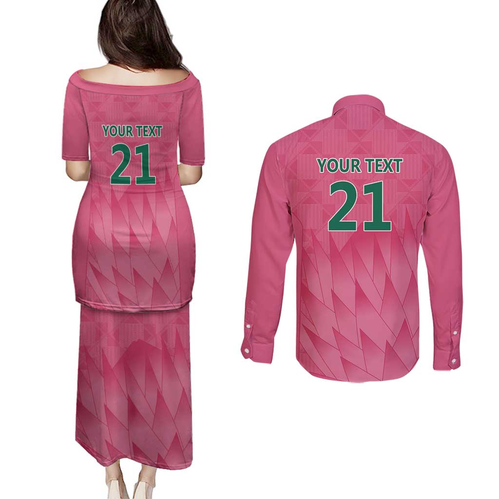 South Africa Cricket Custom Couples Matching Puletasi and Long Sleeve Button Shirt Proteas Pink