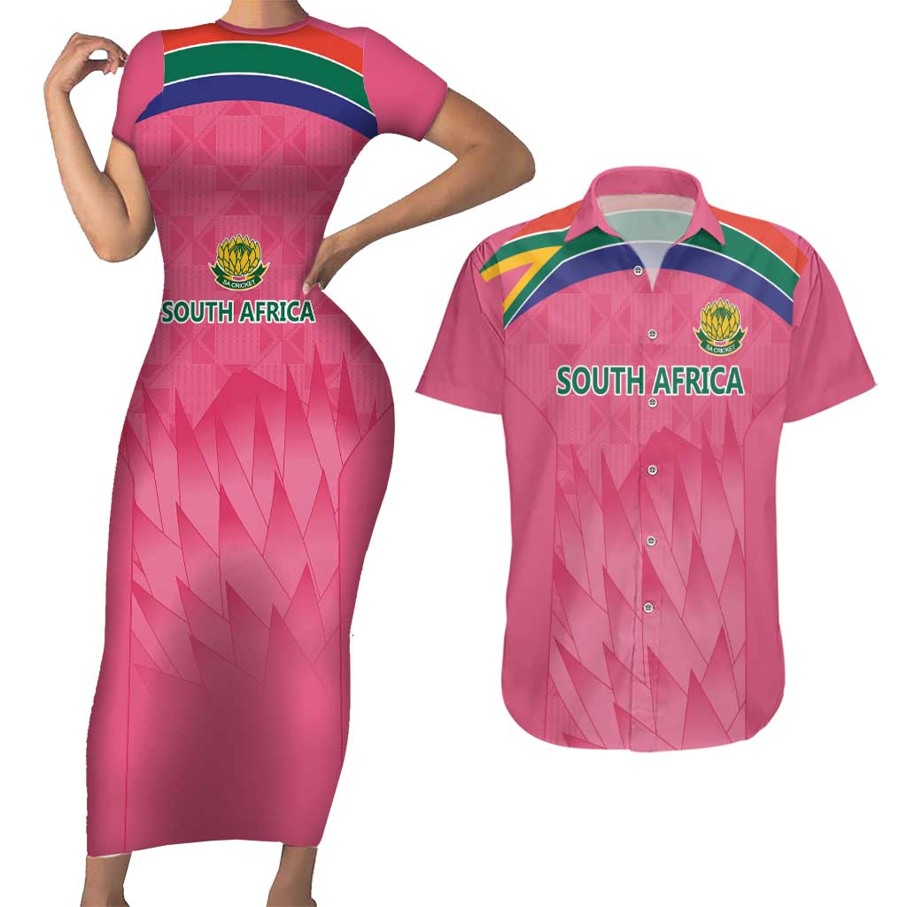 South Africa Cricket Custom Couples Matching Short Sleeve Bodycon Dress and Hawaiian Shirt Proteas Pink