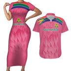 South Africa Cricket Custom Couples Matching Short Sleeve Bodycon Dress and Hawaiian Shirt Proteas Pink