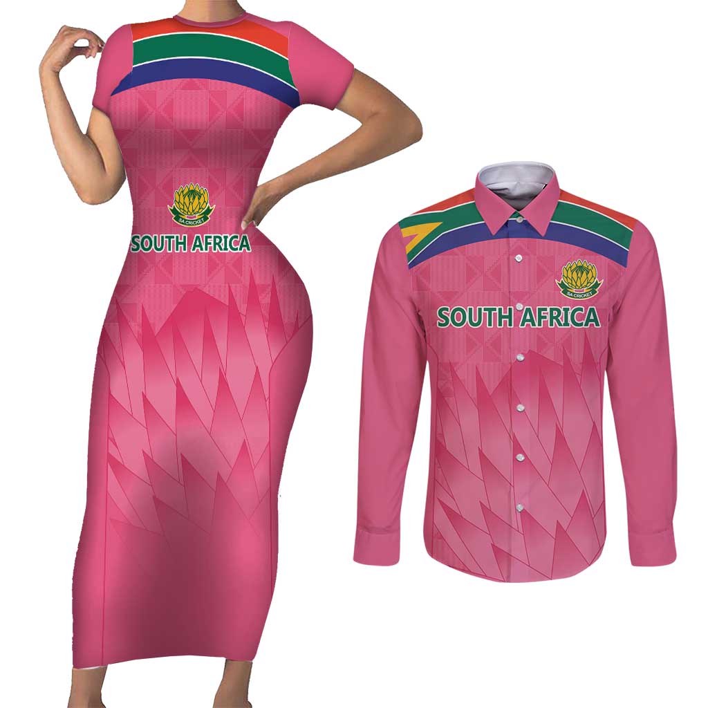 South Africa Cricket Custom Couples Matching Short Sleeve Bodycon Dress and Long Sleeve Button Shirt Proteas Pink