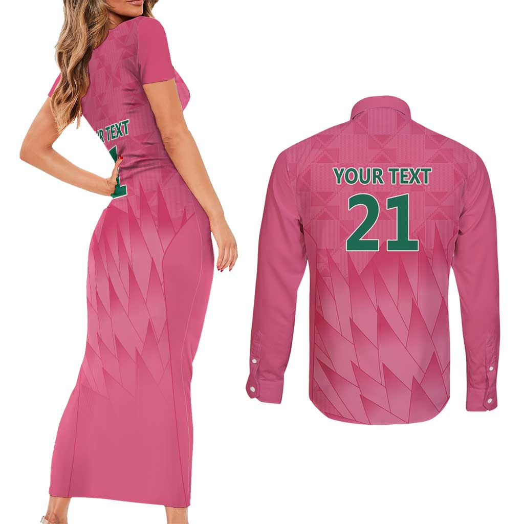 South Africa Cricket Custom Couples Matching Short Sleeve Bodycon Dress and Long Sleeve Button Shirt Proteas Pink