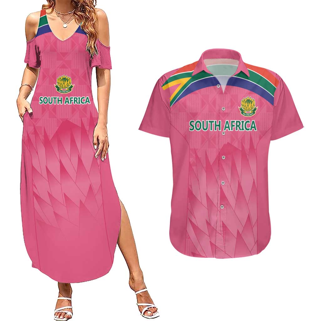 South Africa Cricket Custom Couples Matching Summer Maxi Dress and Hawaiian Shirt Proteas Pink