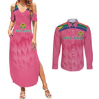 South Africa Cricket Custom Couples Matching Summer Maxi Dress and Long Sleeve Button Shirt Proteas Pink