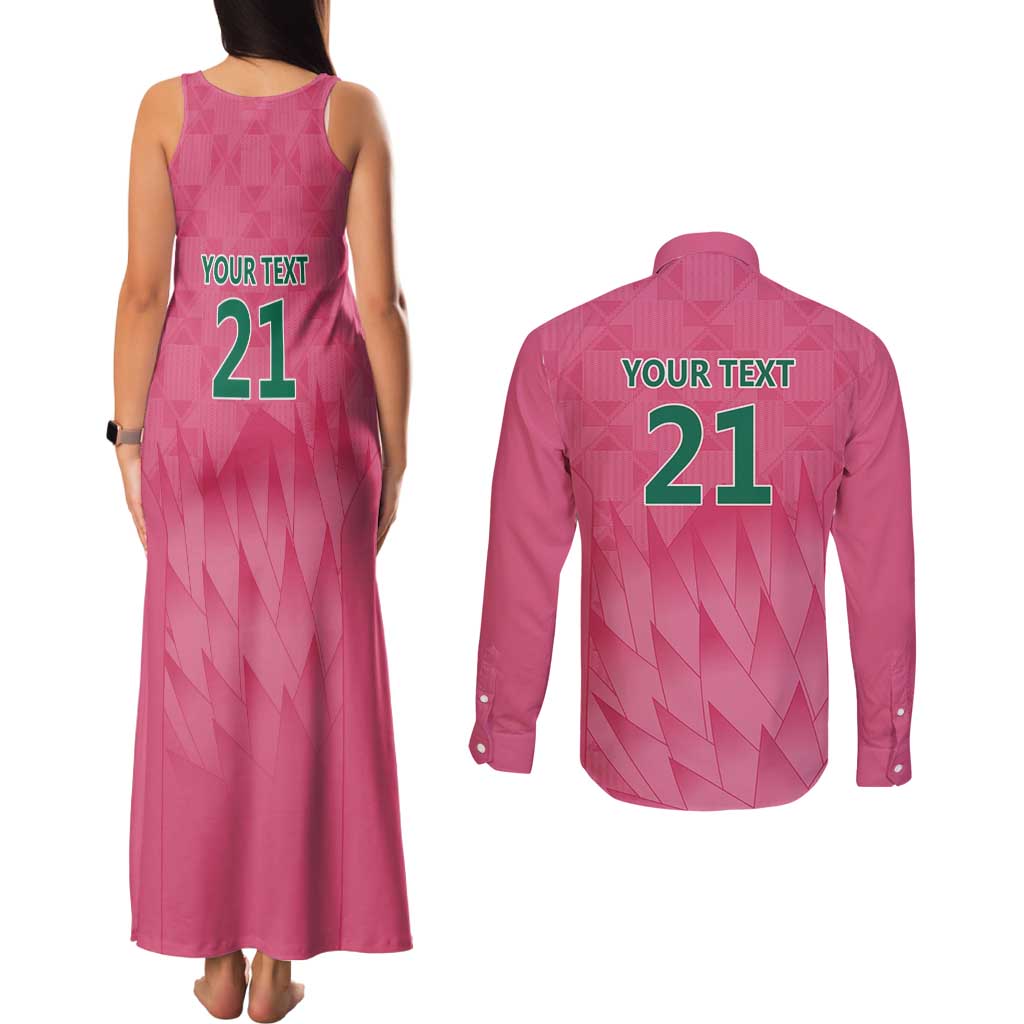 South Africa Cricket Custom Couples Matching Tank Maxi Dress and Long Sleeve Button Shirt Proteas Pink