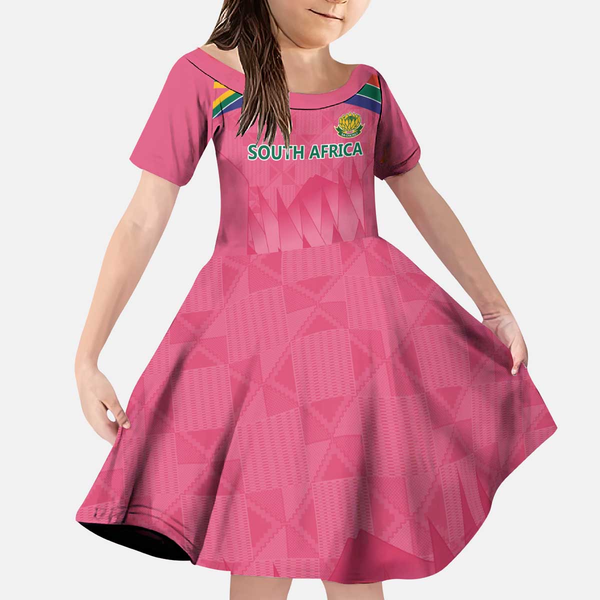 South Africa Cricket Custom Kid Short Sleeve Dress Proteas Pink