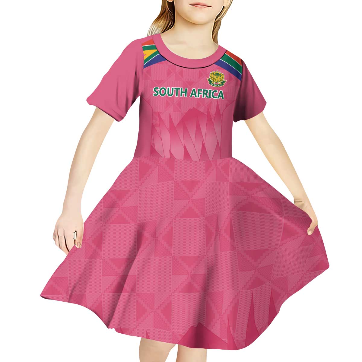 South Africa Cricket Custom Kid Short Sleeve Dress Proteas Pink