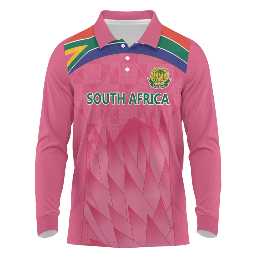 South Africa Cricket Custom Long Sleeve Polo Shirt Proteas Pink